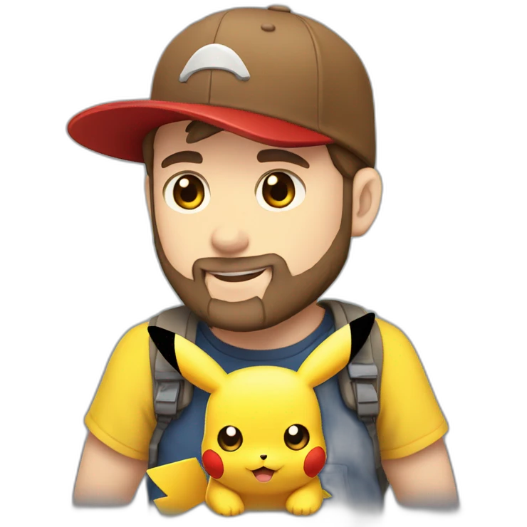 white man with brown hair and beard and a red cap, holding and a pikachu pokemon emoji
