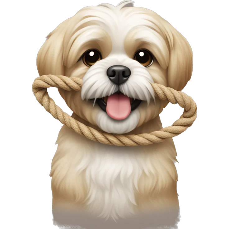 beige shi tzu dog happy with a play rope in his mouth  emoji