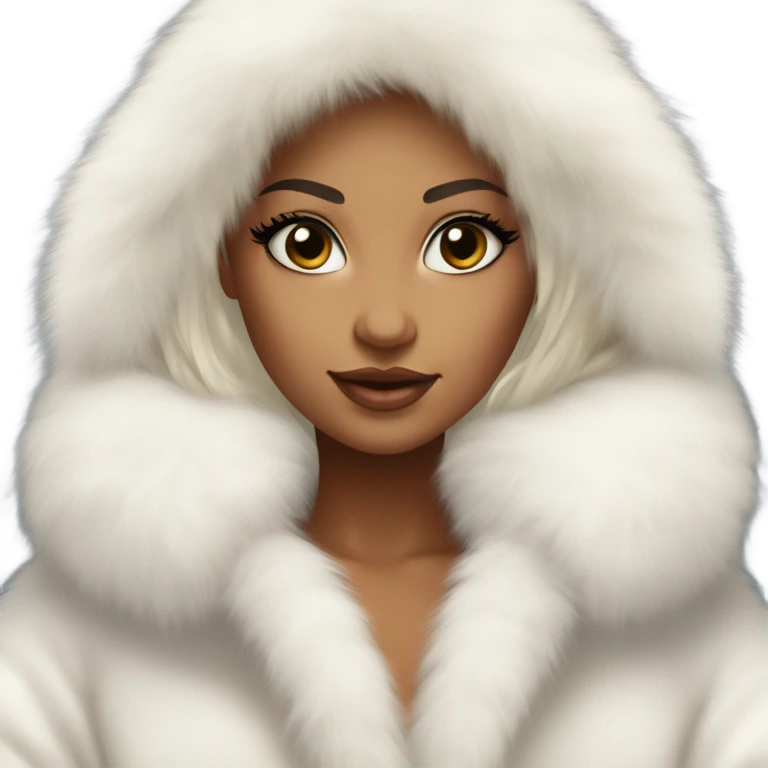Tanned Girl with lashes , platinum blonde hair, in an extremely big fluffy oversized white fur coat with hood on. The fur is real and it’s very obvious big and fluffy like in Pinterest  emoji