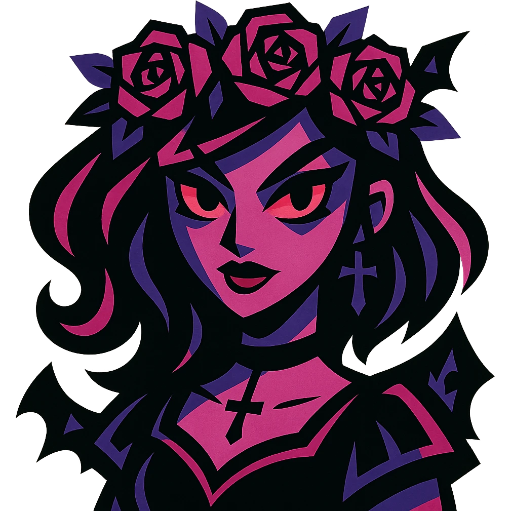 gothic flower crown, bold colors, dynamic shading, energetic, gothic motifs, black, magenta, and purple emoji