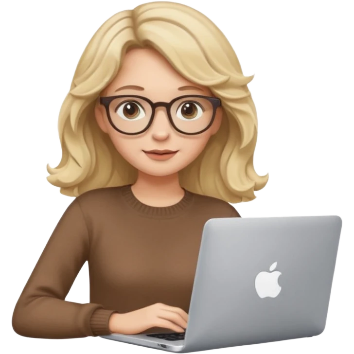 iOS style emoji, upper body view: blonde girl with dark blonde wavy hair, wearing pantos-style glasses and a brown sweater, sitting with a laptop, flat vector design, soft pastel colors, white background, Apple emoji style, upper body shot emoji