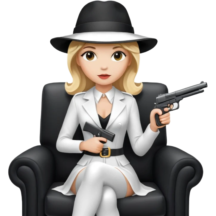 Mafia blondes Evil woman in hat , gun ,black armchair , white costume  emoji