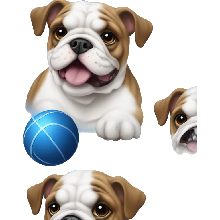 English bulldog playing with blue ball emoji