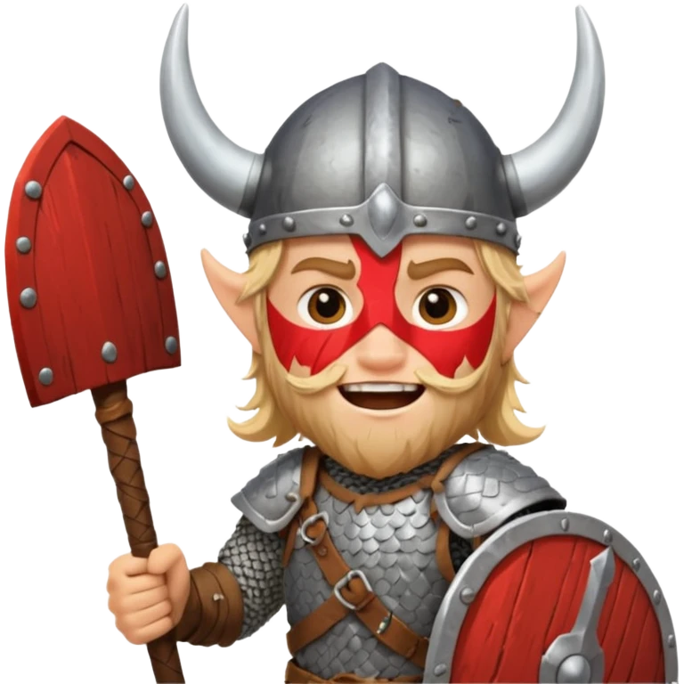 A young Viking warrior with messy hair painted cheeks, wooden shield, and fierce excited grin with horned helmet emoji