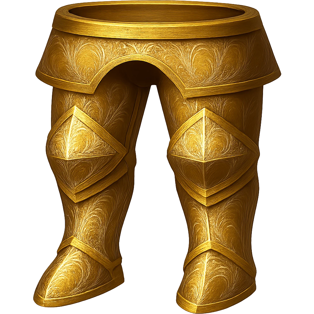 Recolor these platelegs to a plated gold color with ornate engravings inlaid with silver. The gold should be rich and metallic, and the engravings should have a bright, reflective silver finish. Keep the exact shape and proportions of the original platelegs. Transparent background. The original style is armor illustration. emoji