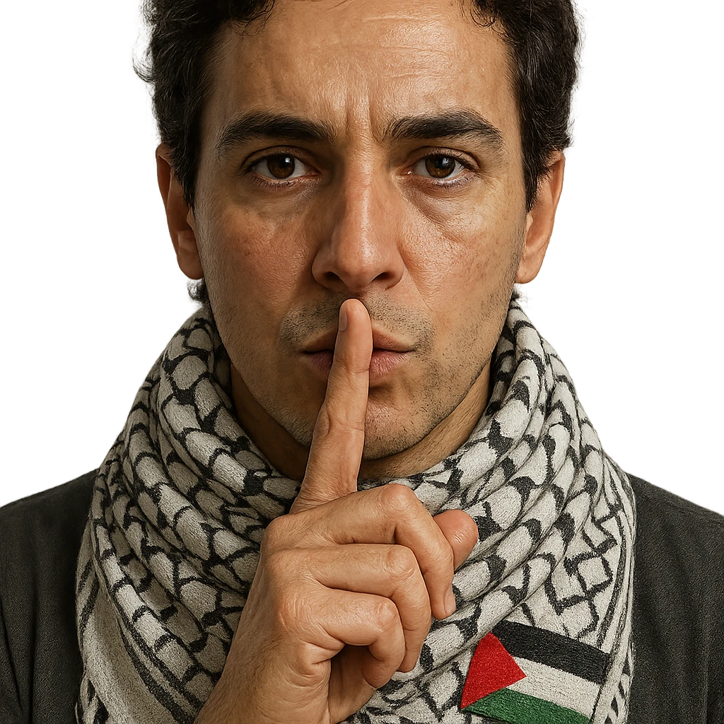 a person with a finger on their lips in a 'shh' gesture, Palestinian scarf (kufiya) around the neck, and a small Palestinian flag detail on the scarf, detailed, realistic emoji