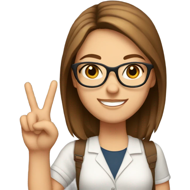 White girl brownish hair wearing glasses holding up a peace sign emoji