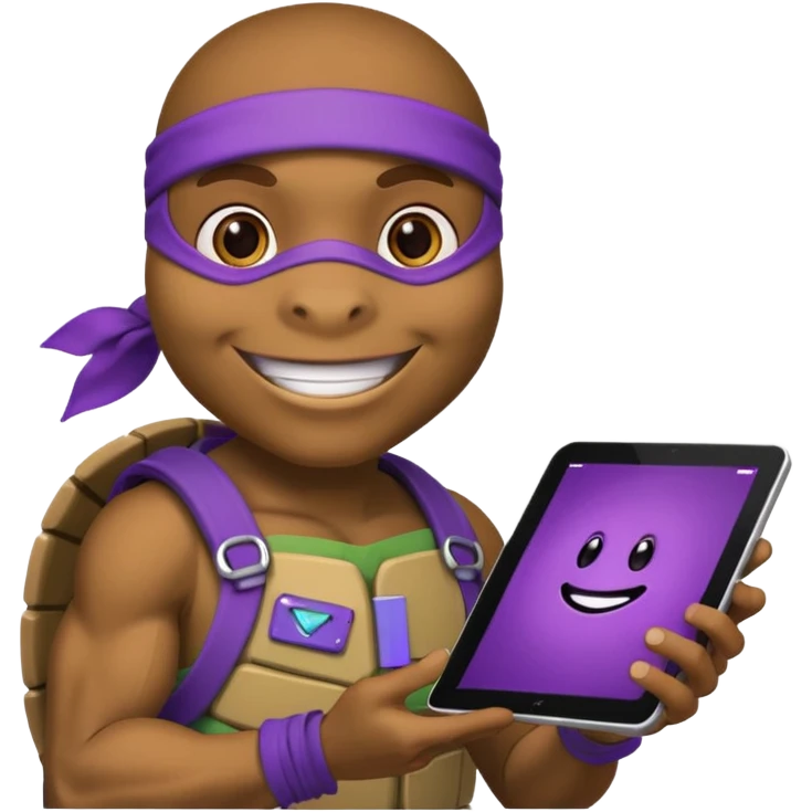Donatello from Teenage Mutant Ninja Turtles, emoji style, holding a tablet with a hacking screen and smiling, with a purple hacking interface on the screen emoji