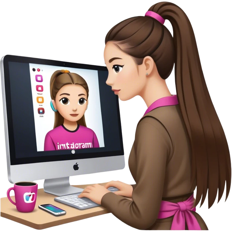 donna con i capelli lunghi e legati, coach che lavora con il pc , lo sfondo del pc deve avere come loghi instagram e tik tok emoji