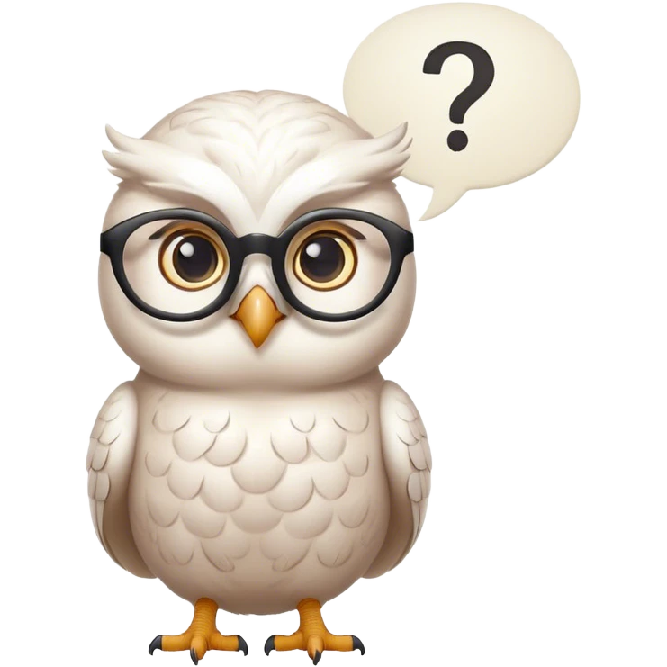 Small feminine White owl with glasses and a question mark thought bubble emoji