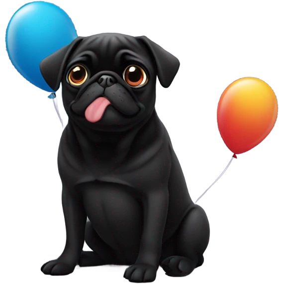Black pug  and a ballon that says  “I’m sorry” emoji
