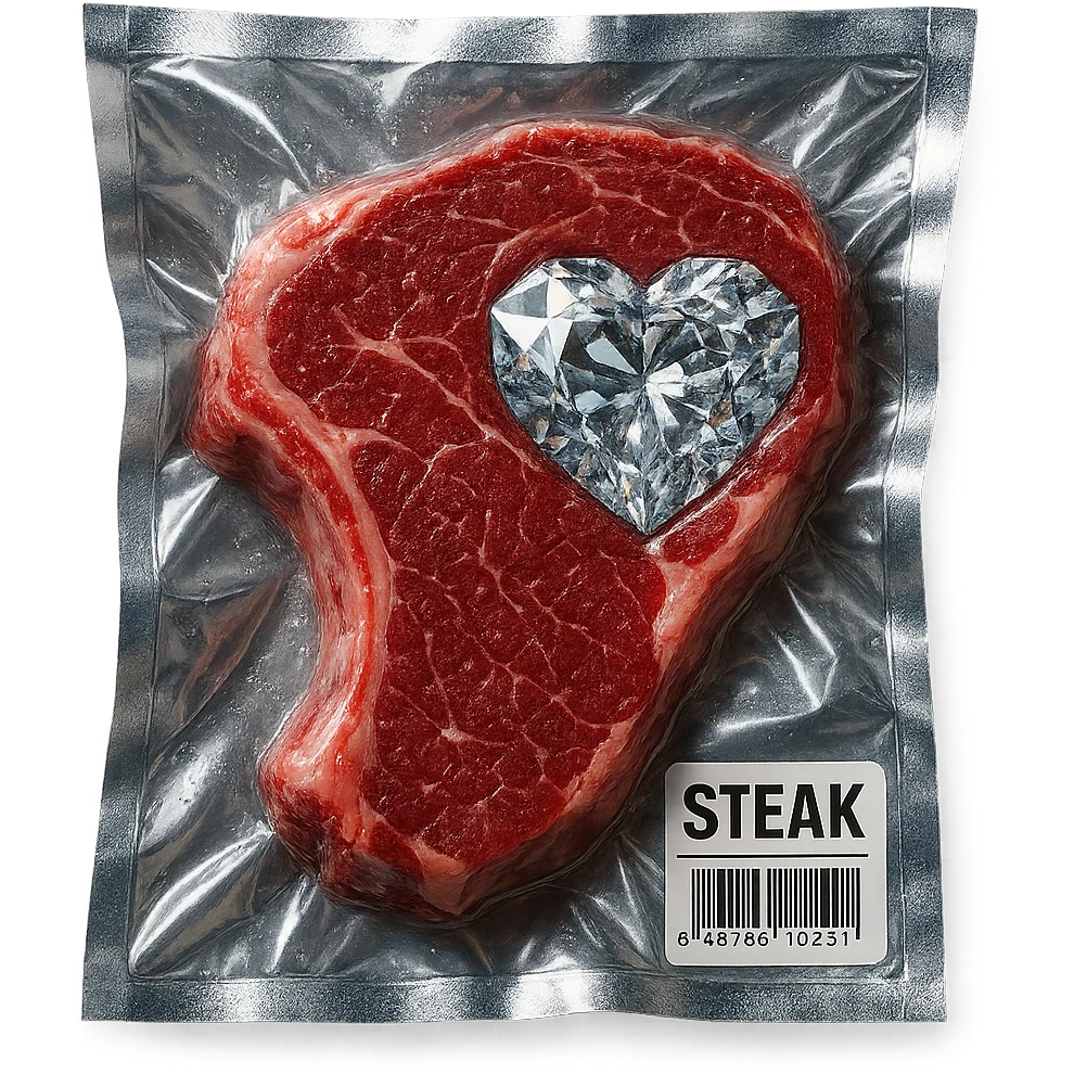 meat steak with sparkling diamond facets, glossy and puffy, no background emoji