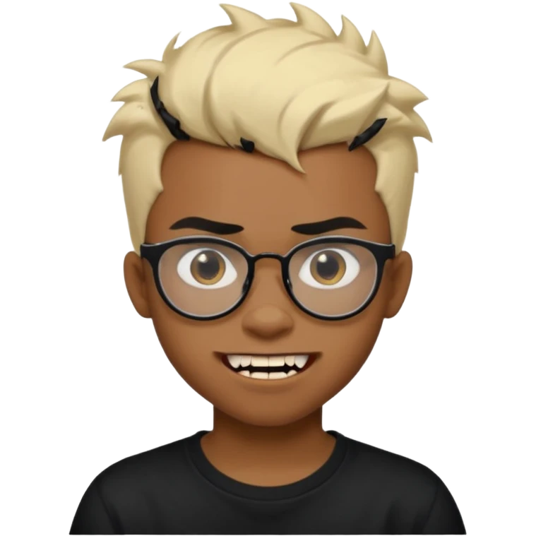 Black Male Teenager with Short punk messy blonde hair, Dark brown bushy eyebrows large expressive golden-brown eyes, wearing a plain white t-shirt, wearing thick black glasses, Dark Brown skin color. Showing off his singular vampire tooth emoji