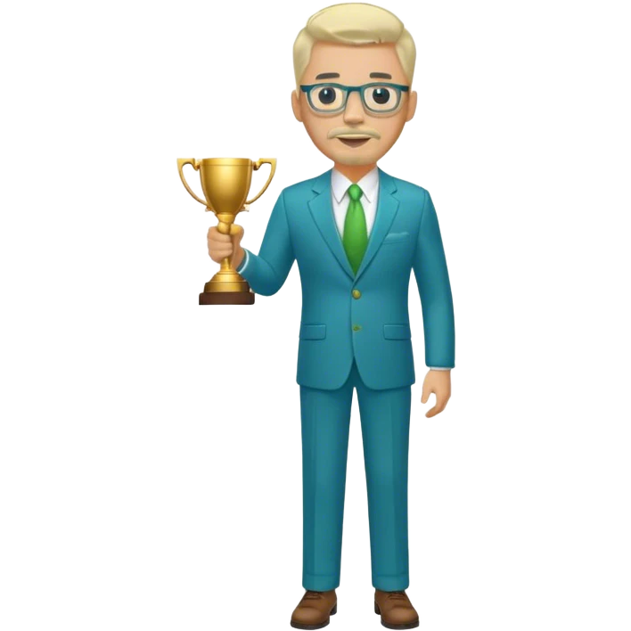 Full Body white heavy set male  wearing glasses with a goatee with light blonde gray very short hair basketball head Coach in blue and green suit holding trophy emoji