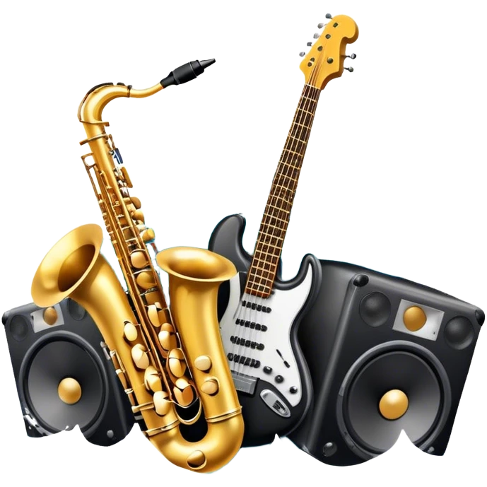 Icon for R&B Music Listening: large concert speakers and headphones with waves of musical notes coming out, along with drums, bass guitar and saxophone. The icon should convey the energetic and rhythmic vibe of R&B music. Transparent background emoji