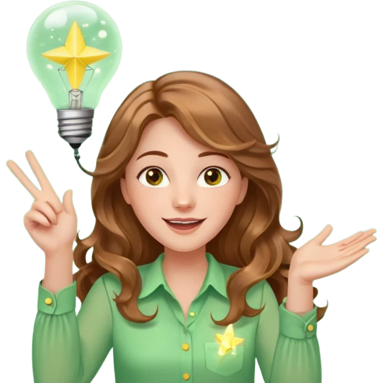 Joyful and imaginative woman with fair skin, long wavy light brown hair, hazel eyes, wearing a light green blouse with yellow accents, holding a glowing lightbulb and gesturing outward. Surrounded by stars, sparkles, speech bubbles, a paper plane, and a small heart. Waist-up, front-facing emoji