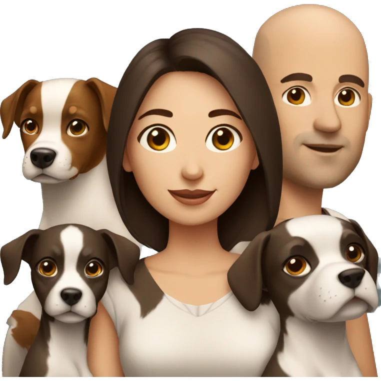 dark brown haired woman bald man with 3 dogs emoji