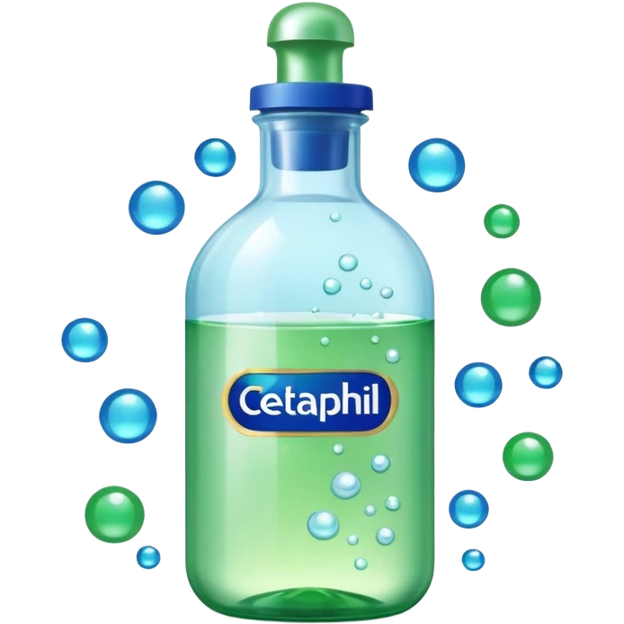 Cetaphil white bottle with light green cap and blue-green label, glowing softly. Surrounded by tiny light orbs and silky sparkles flowing like hydration waves. Feels like a gentle skin shield potion in a glossy, minimalist flask. emoji