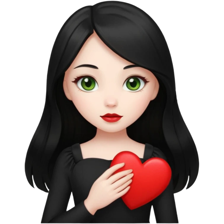 Pale girl with long black hair and olive green eyes wearing black dress and holding a heart emoji