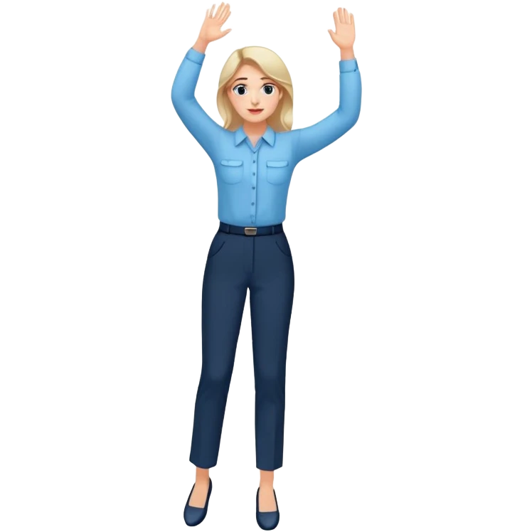 female smart light blue blouse, dark trousers, shoes. one hand raised above her head emoji