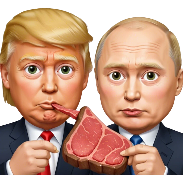 photorealistic Donald Trump and Putin eating a steak shaped like an piece of land emoji