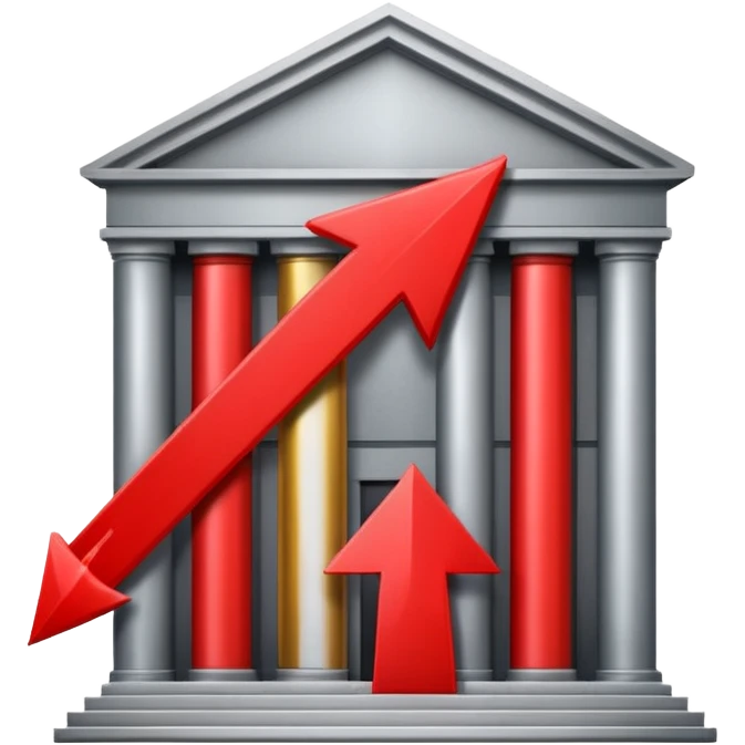 bank building with a red downward arrow, representing negative bank balance emoji
