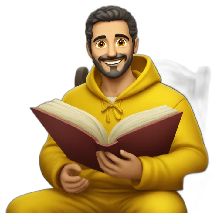 Armenian men with the yellow clothes reading book and looking at camera and smiling  emoji