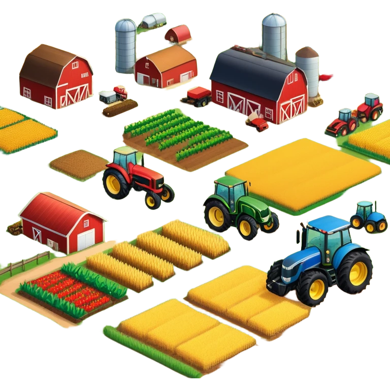 colorful rural landscape, inspired by farming simulators like Farming Simulator 22. The design shows fields, tractors, and barns, with vibrant crops and animals in the background. The peaceful farming scene symbolizes the immersive experience of managing a farm, with a transparent background emoji