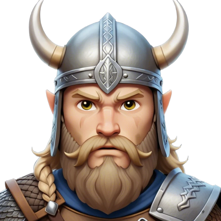 Clash of Clans aesthetic: Cinematic Fierce Viking Portrait Emoji, Poised and bold with a rugged yet stylized build, wearing a simple horned helmet and sporting a neatly trimmed beard, his face rendered in a natural skin tone, intense eyes reflecting fierce determination, Simplified yet dynamic features, highly detailed, glowing with a cool, battle-ready radiance, high shine, brave and resolute, stylized with an air of ancient Nordic valor, focused and commanding, soft glowing outline, capturing the essence of a fearless Viking adventurer ready to set sail on epic quests! emoji