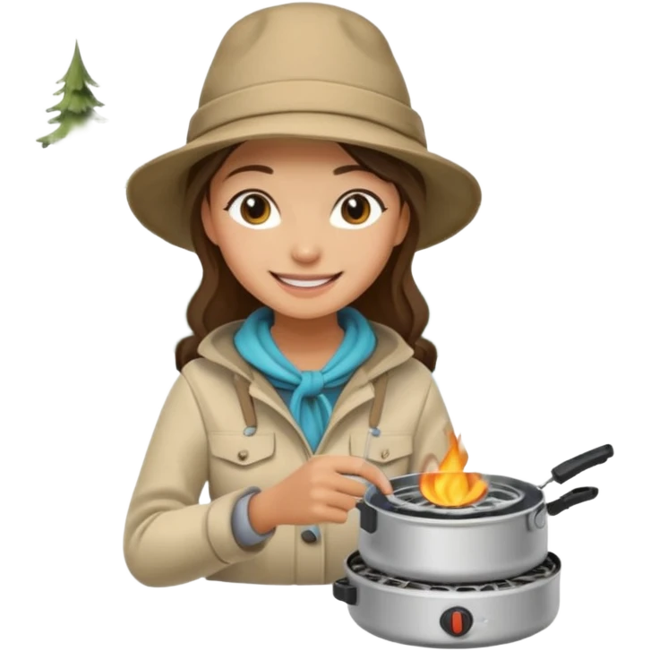 A woman camper boiling water on a portable stove, enjoying the outdoor emoji