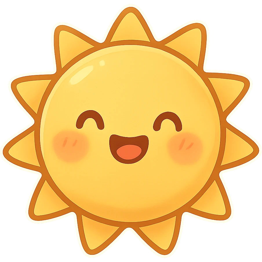 smiling sun, yellow with blushing cheeks, cheerful and bright, chibi style sticker emoji