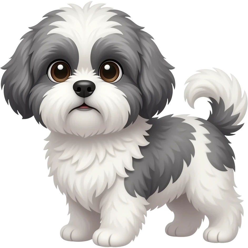 Coby is a fluffy gray-and-white Lhasapoo with cute, curious eyes and a playful, loyal personality. emoji