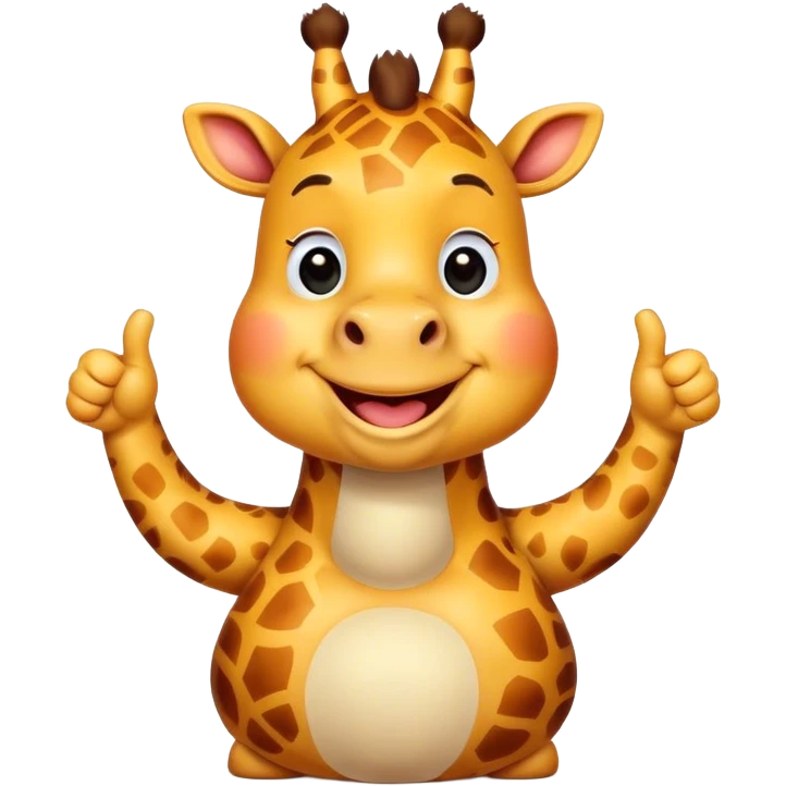 Cartoon short, fat dwarf cute giraffe with a big smile, giving a big thumbs-up emoji