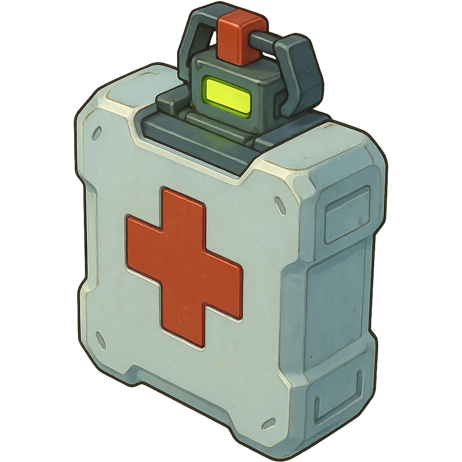 the image is the icon for a videogame insta-use item, it is a medpack- fututistic cyberpunk- resembles a canister with deadswitch, medical military clean plastic, opaque container emoji