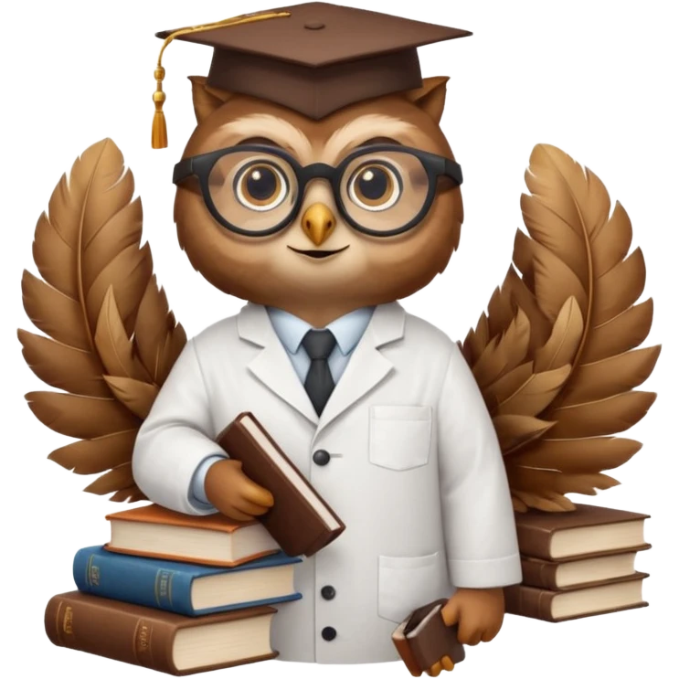 Wise owl with glasses, wearing a lab coat, perched on a stack of books. emoji