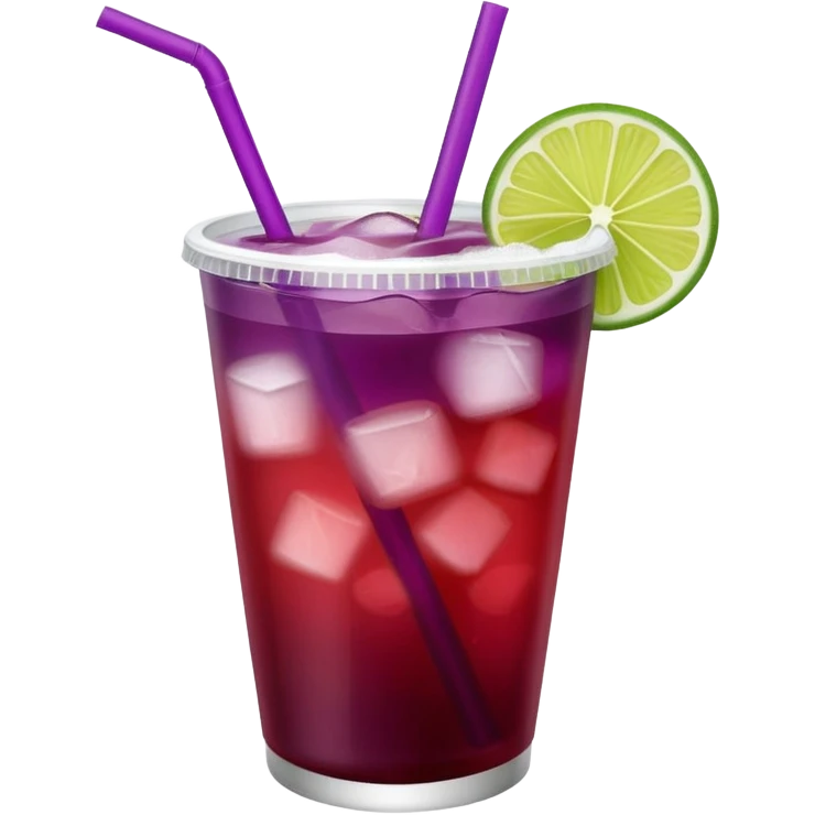 maroon purple cocktail with a lime wedge in the drink in a plastic cup with lid and straw - no lime on edge

 emoji