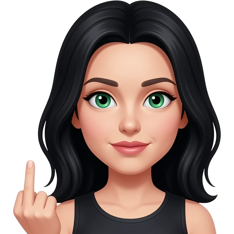 Pale Woman with black hair and green eyes giving the finger emoji