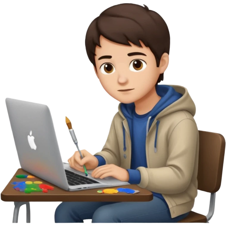 boy working in Macbook, he is graphic designer and paint artist, he seat front side and hair dark brown color emoji