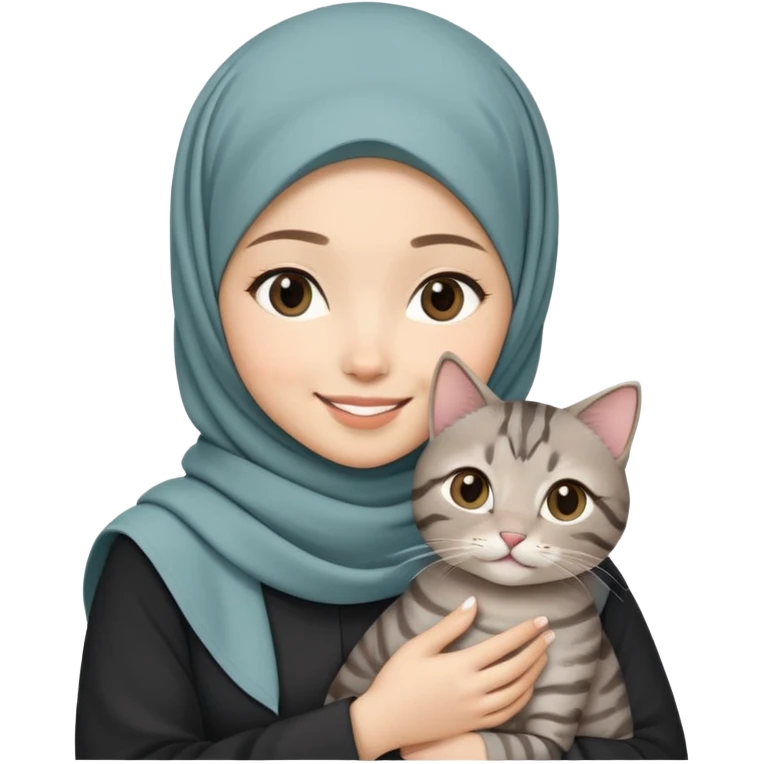 Asian white girl wearing hijab holding a black grey tabby cat while smiling emoji