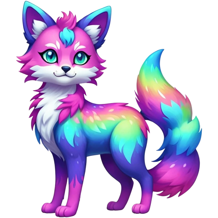 Vibrant multicolored neon-colored Falvie-Fionbri-creature-sparkle-feline-canine-hybrid-fursona, full body, fur pattern-markings emoji
