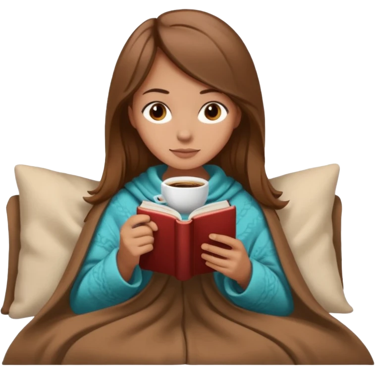 Beige Brown hair Girl drinking coffee, reading book with a cozy blanket emoji