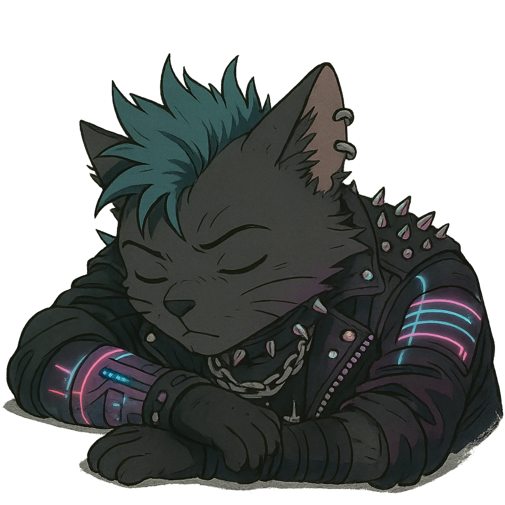  a anthro cat laying down his head to nap, punk gothic style, futuristic cyberwave cyberpunk, emoji