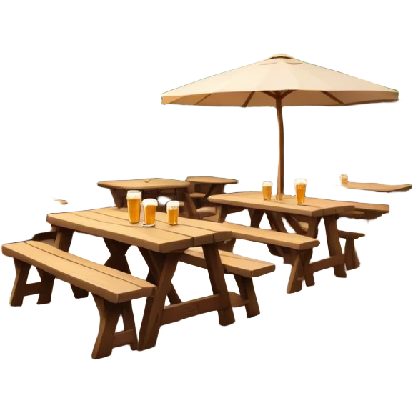 Cinematic Realistic Biergarten Pop Culture Emoji, showcasing a charming outdoor beer garden scene rendered with rustic details and inviting, soft lighting. emoji