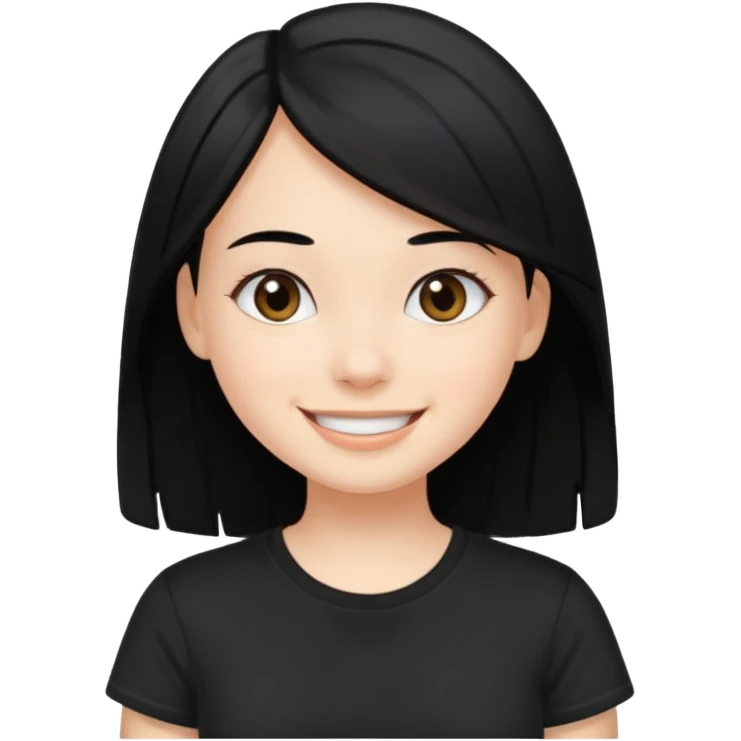 a pretty bratz fair girl with straight black hair, wearing a black tshirt, smiling emoji