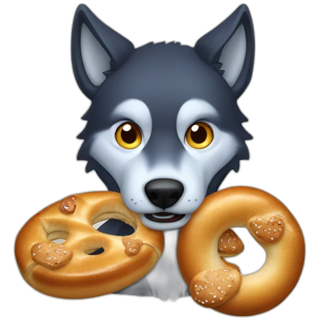 dark wolf with blue eyes eats a bretzel emoji