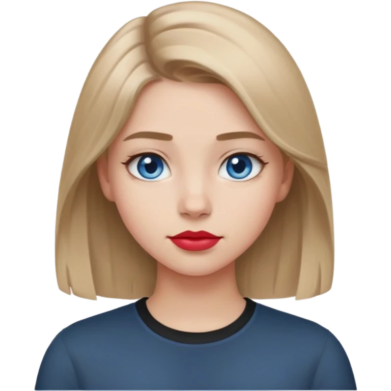 Emoji teenage girl, ash darker almost brown blonde hair, blue eyes, black shirt, hair a little longer than over shoulders, red pinkish lips, blue grey eyes emoji