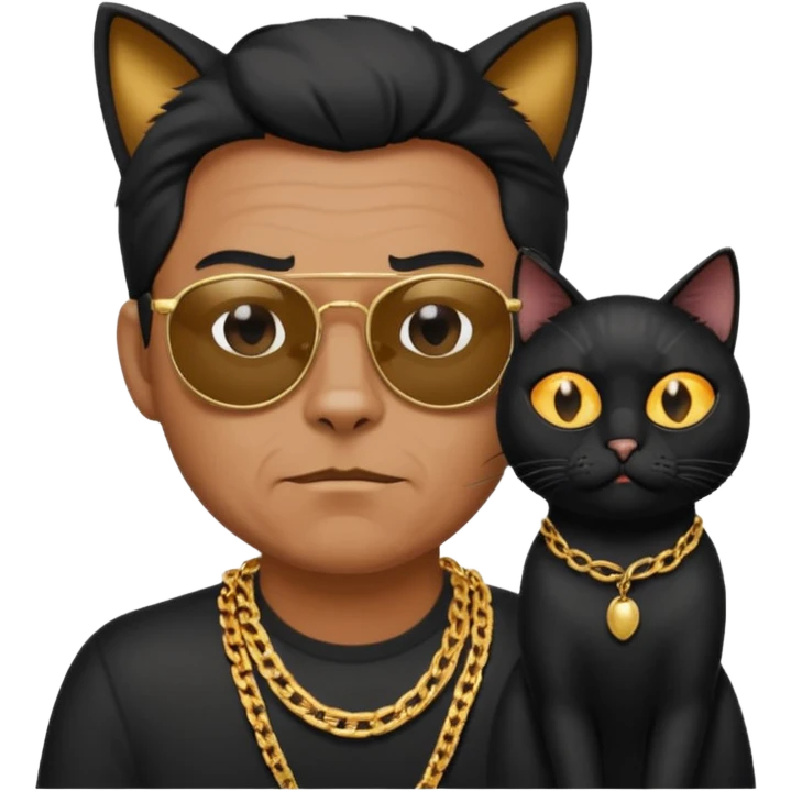Freaky Larry is a cat with a gold chain and sunglasses standing behind a scared man with no facial hair. Make sure the cat is black emoji