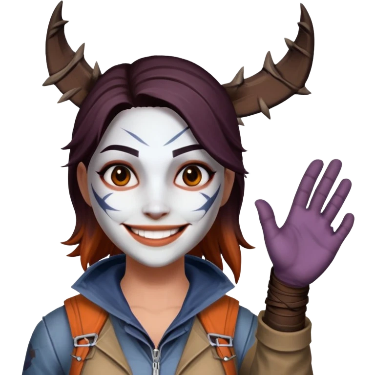 The huntress from Dead By Daylight smiles and waves emoji