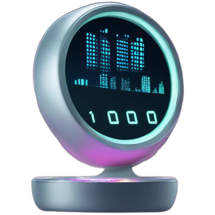 Illustrate a sleek, modern alarm clock with a holographic display, set against a backdrop of a futuristic city skyline. The clock should have a neon glow, emphasizing its high-tech nature. emoji