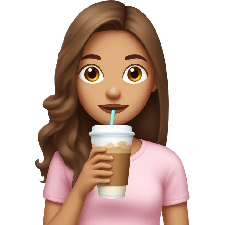 girl drinking an iced coffee with long brown hair half up half down and baby pink top emoji